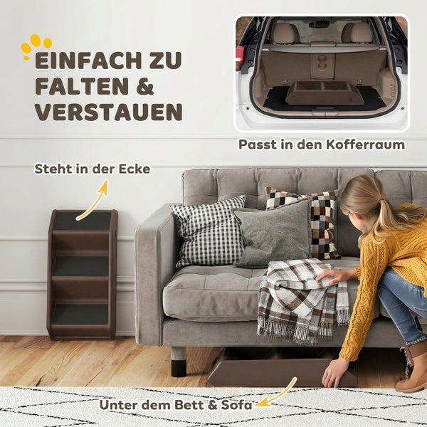 Faltbare Hundetreppe, platzsparend verstaut in einer Ecke, unter dem Sofa und im Autokofferraum.