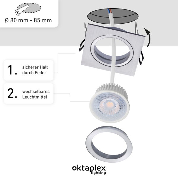 6er Set Deckenspots LED Modul Lyon 2700K 4,8W 380lm warmweiß eckig Schwenkbar Einbaustrahler Einbaudurchmesser 80mm