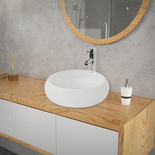 ECD Germany Waschbecken Waschtisch Ø 400 x 350 mm Keramik Rund Weiß inkl. Ablaufgarnitur für Waschbecken ohne Überlauf Aufsatzbecken Aufsatzwaschbecken Aufsatzwaschtisch Waschschale Spülbecken Becken