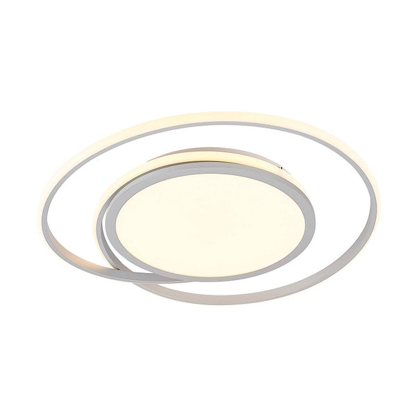 Moderne LED-Deckenleuchte mit verschachtelten ovalen Ringen und zentralem Lichtpaneel, Metallrahmen, warmweißes Licht.