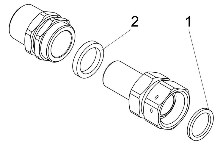 Technische Zeichnung einer Verschraubung mit zwei Dichtringen, nummeriert mit 1 und 2.