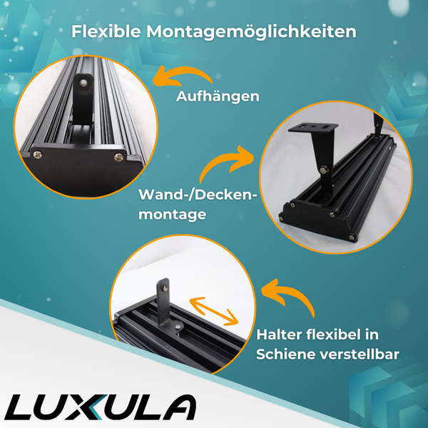 Illustration der flexiblen Montagemöglichkeiten der LUXULA LED-Leuchte: Hängen, Wand-/Deckenmontage und flexible Halterverstellung in der Schiene.