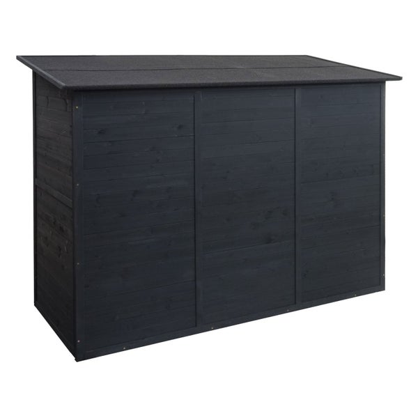 Mülltonnenbox aus anthrazitfarbenem Holz für drei Mülltonnen mit Pultdach.