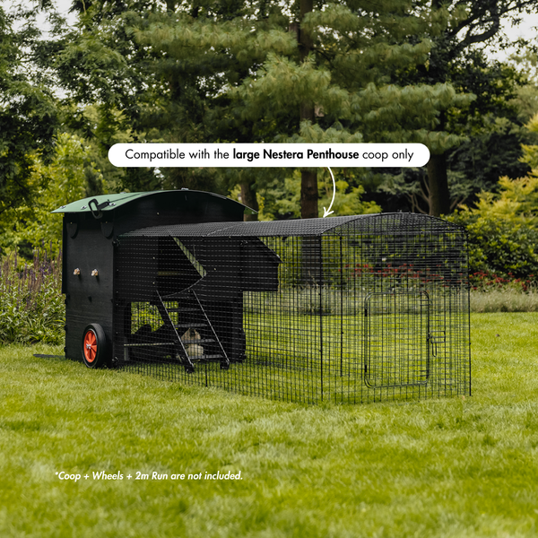 Hühnerstall mit Auslaufgehege auf Wiese. Kompatibel mit Nestera Penthouse. Stall, Räder und 2 Meter Auslauf nicht im Lieferumfang enthalten.