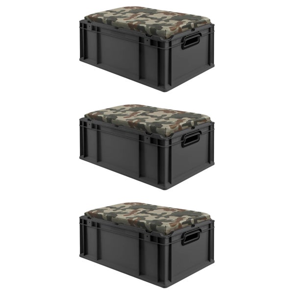 Drei graue Euroboxen mit Tarnmuster Sitzkissen