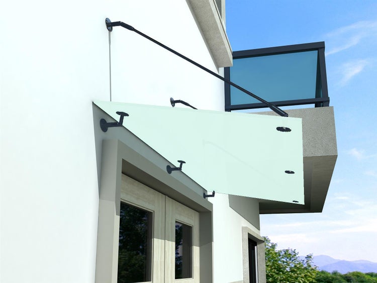 BuyLando (3STR) 200x90 cm Milchglas Glasvordach inkl. Edelstahlhalter in Schwarz