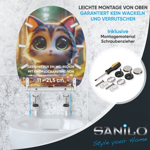 Sanilo WC-Sitz mit Katzenmotiv, inklusive Montagematerial und Schraubendreher, für Montage von oben geeignet, einstellbarer Lochabstand.