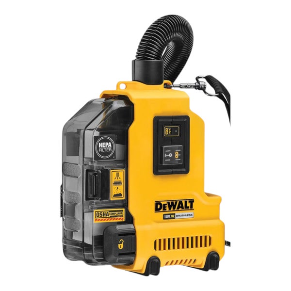 DeWalt 18 Volt XR bürstenloser Akku-Staubabsauger mit DeWalt Logo, HEPA-Filter, OSHA-konform, inklusive flexiblem Schlauch und Tragegurt.