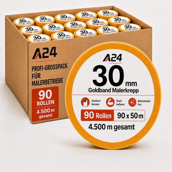 A24 Goldband Malerkrepp Profi-Großpack mit 90 Rollen, jeweils 30 Millimeter mal 50 Meter, insgesamt 4.500 Meter.