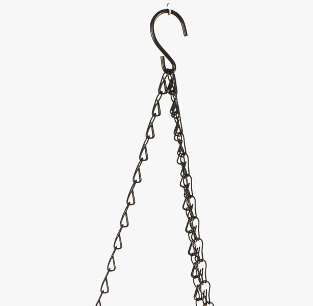 Schwarze Ampelkette aus Metall mit S-Haken zum Aufhängen von Blumentöpfen.