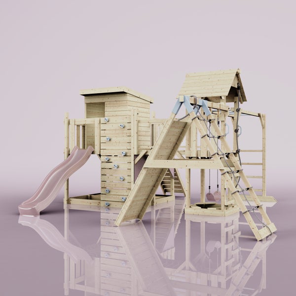 Spielplatz mit Rutsche, Kletterwand und Schaukel aus Holz