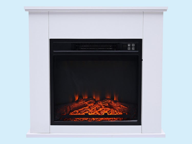 Elektrischer Kamin mit weißer Umrandung und Bedienelementen