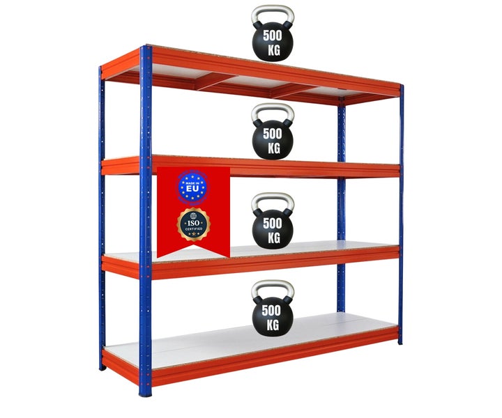 Schwerlastregal Blau-Orange, vier Böden, Tragkraft 500 Kilogramm je Boden. Hergestellt in der Europäischen Union, ISO-zertifiziert.