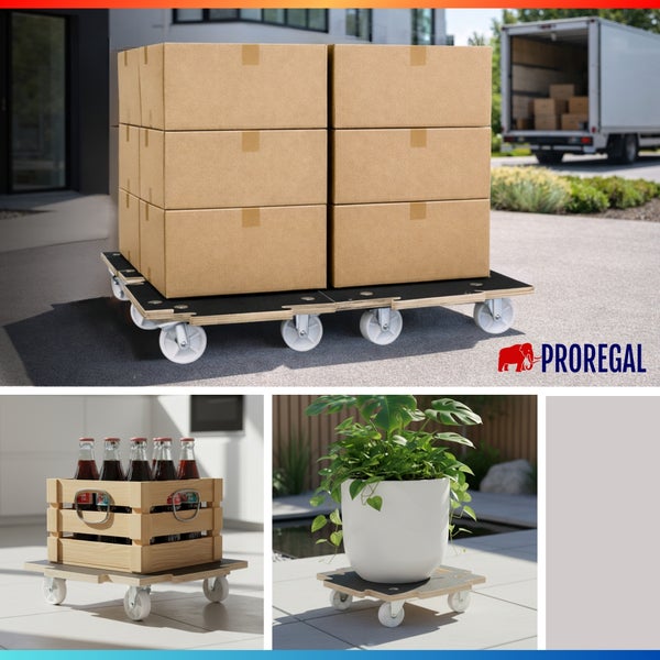 Proregal Rollbrett als Transporthilfe für Kartons, Kisten und Pflanzentöpfe mit Multiplex-Platte und stabilen Rollen. Proregal Logo.