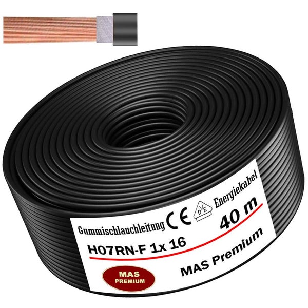 Gummischlauchleitung H07RN-F 1 mal 16 von MAS Premium, 40 Meter Rolle, mit Kupferader und Gummimantel, erfüllt CE und VDE Normen.