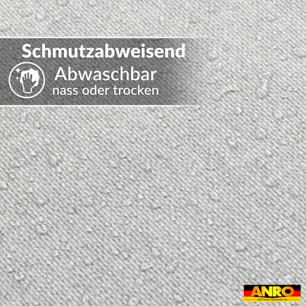 Schmutzabweisendes und nass oder trocken abwaschbares Gewebe mit Wassertropfen. ANRO Logo.