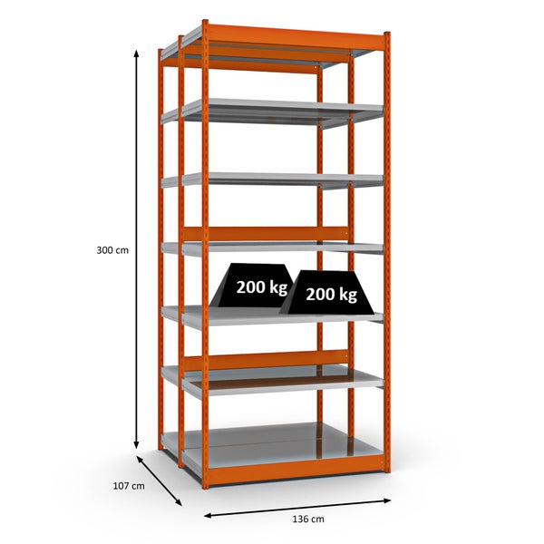 PROREGAL Fachbodenregal Stecksystem Vierkant-Profil Grundregal HxBxT 300 x 132,5 x 50 cm 2x7 Ebenen Doppelseitige Bauart Fachlast 200 kg Orange