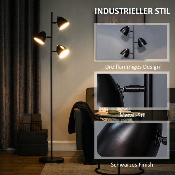 Stehleuchte im industriellen Stil mit drei Lampen aus Metall