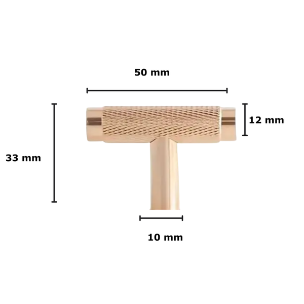 Zeichnung eines T-förmigen Möbelknopfs mit den Maßen 50 mm Breite, 33 mm Höhe und 12 mm Tiefe