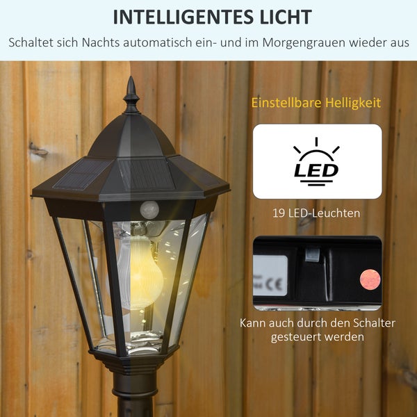 Outsunny Solar Gartenlaterne,  Gartenleuchte Wegleuchte mit 19 LED, 130 Lumen, 3000K, 22 x 22 x 194 cm, Glas, Schwarz