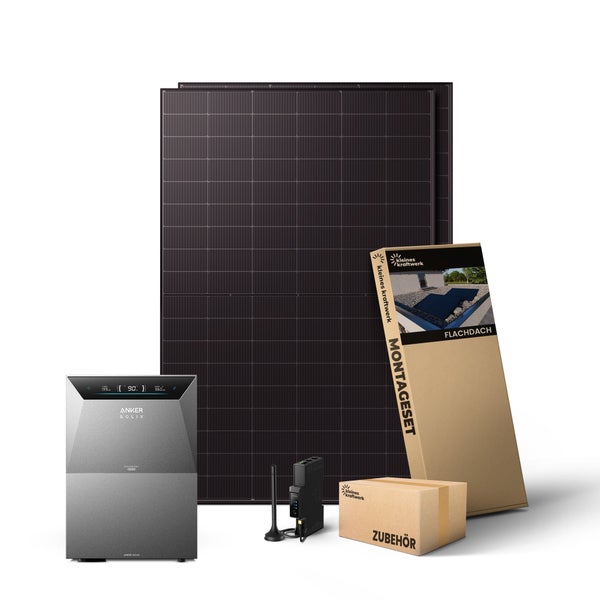 Balkonkraftwerk-Set von Kleines Kraftwerk mit zwei Solarmodulen, Anker Solix Speicher, Flachdach-Montageset und Zubehör.