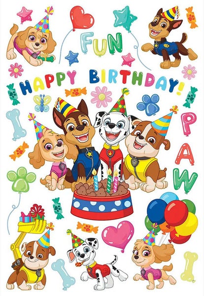 Paw Patrol Wandsticker-Set zum Geburtstag mit Skye, Chase, Marshall und Rubble, Ballons, Partyhüten und Happy Birthday Schriftzug.