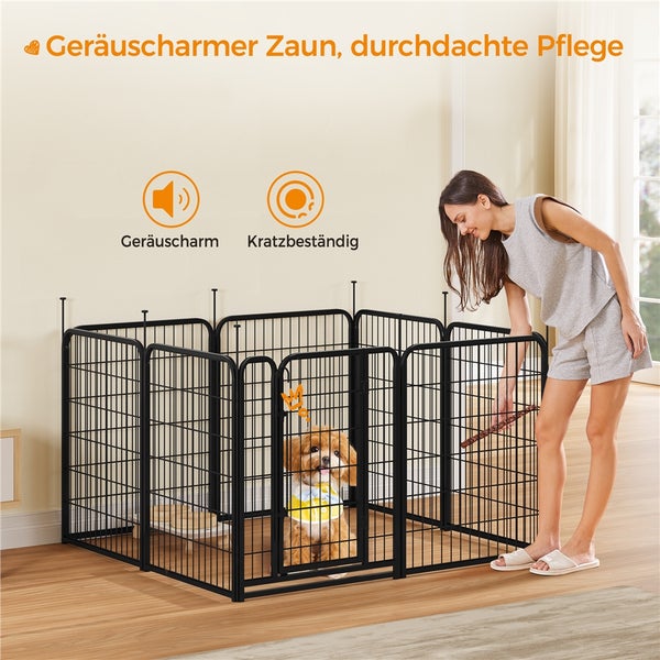 Schwarzer, kratzfester Haustierlaufstall mit Hund und Frau im Innenraum.