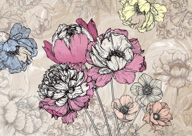 Blumenmuster Tapete mit Pfingstrosen und Anemonen Motiv