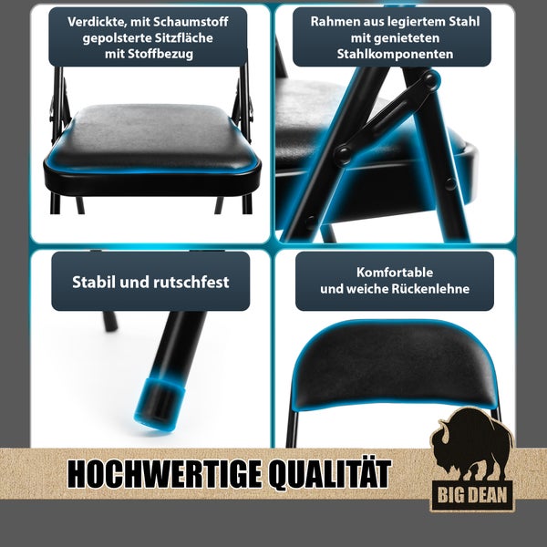 Details eines gepolsterten Klappstuhls mit Stahlrahmen und Big Dean Logo