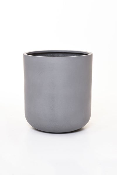 Zylindrischer Pflanztopf aus Fiberclay in Grau mit abgerundetem Boden.