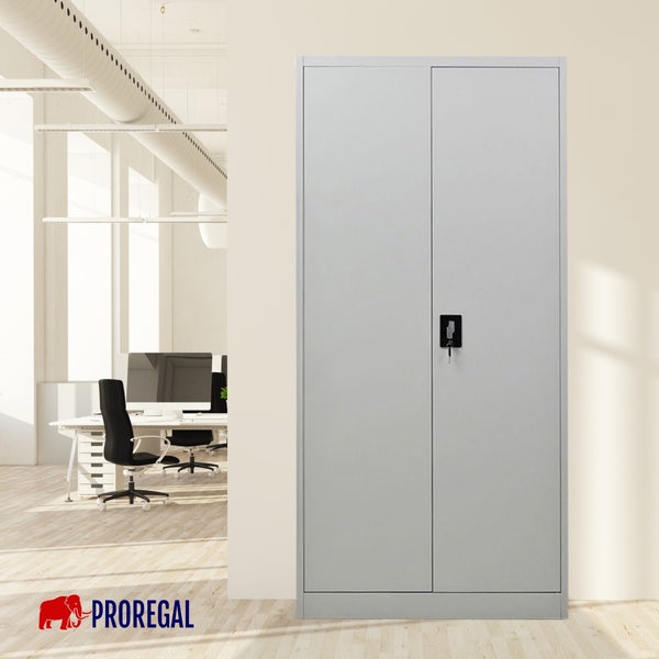 Abschließbarer Metall-Büroschrank mit zwei Türen in einem hellen, weitläufigen Büro. Proregal Logo.