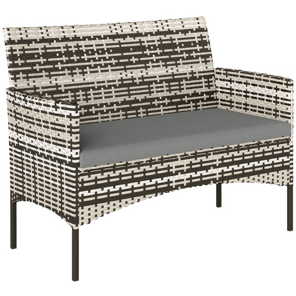 2-Sitzer Gartensofa aus Polyrattan-Geflecht mit grauem Sitzkissen.