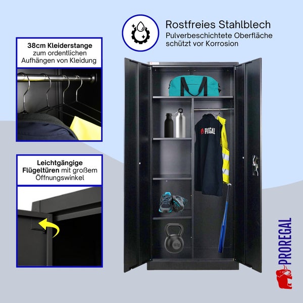 Offener Stahlschrank mit zwei Flügeltüren, 38 Zentimeter Kleiderstange, Regalböden und korrosionsbeständiger Oberfläche. Proregal Logo.