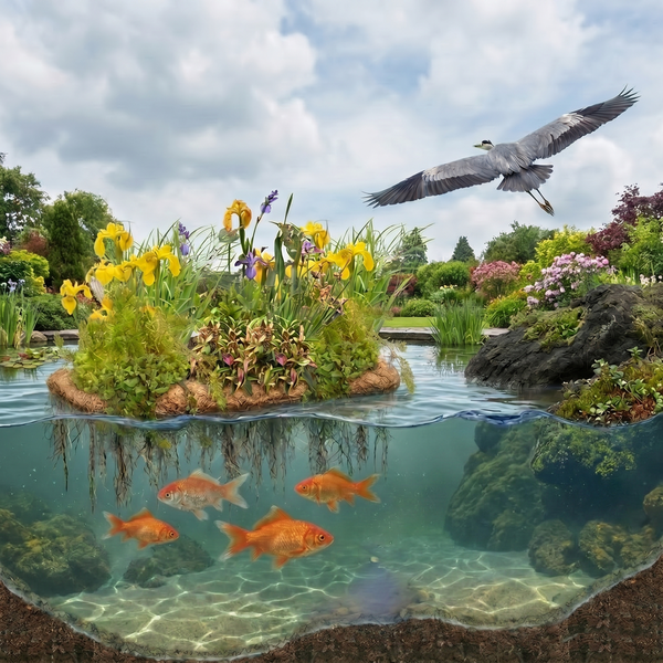 Gartenteich mit bepflanzter Schwimminsel, Goldfischen im Wasser und einem fliegenden Reiher in einer hellen Gartenlandschaft.