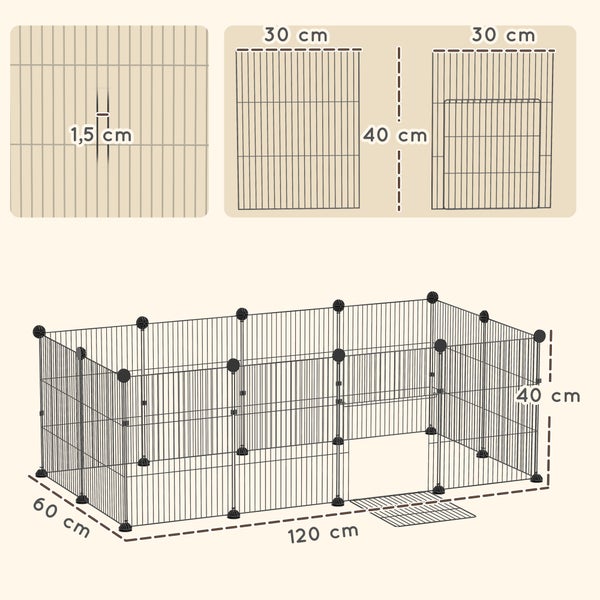 Kleintiergehege aus schwarzem Draht. Maße: 120 Zentimeter Länge, 60 Zentimeter Breite, 40 Zentimeter Höhe. Gitterabstand 1,5 Zentimeter.