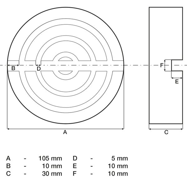 Technische Zeichnung eines runden Objekts mit den Maßen 105 mm Durchmesser und 30 mm Dicke