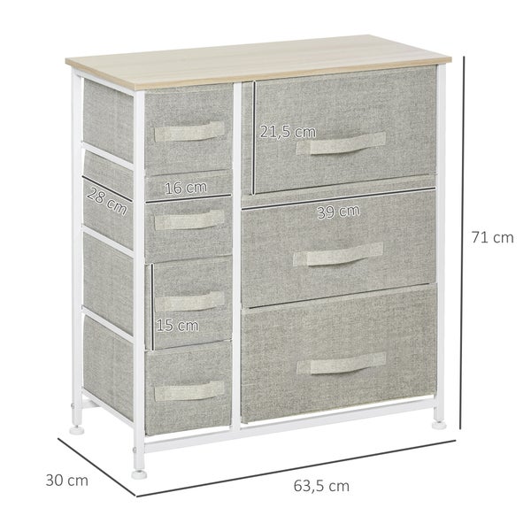 HOMCOM Schubladenschrank Aufbewahrungsschrank mit faltbaren 7 Stoffschubladen Metallgestell + Holz + Vliesstoff Hellgrau 63,5 x 30 x 71 cm