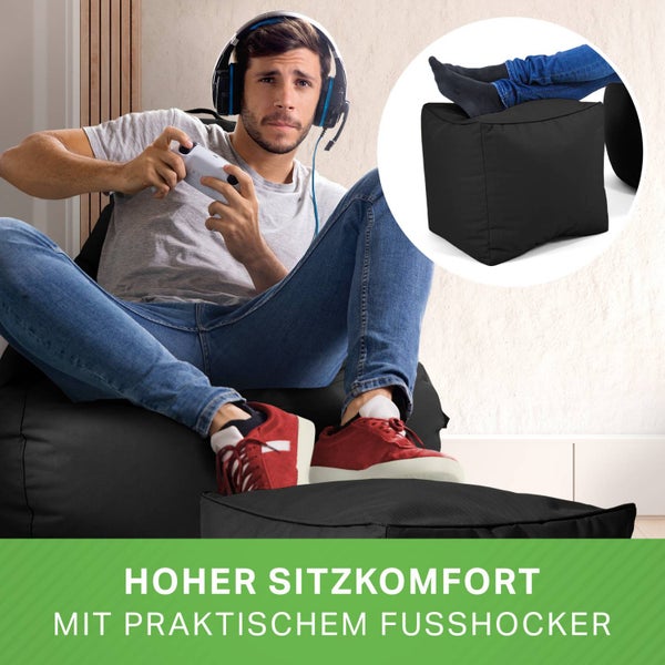 Green Bean 2er Set Sitzsack + Hocker - fertig befüllt - robust waschbar schmutzabweisend - Kinder & Erwachsene Bean Bag Bodenkissen Lounge Sitzhocker Relax-Sessel Gamer Gamingstuhl Pouf - Schwarz