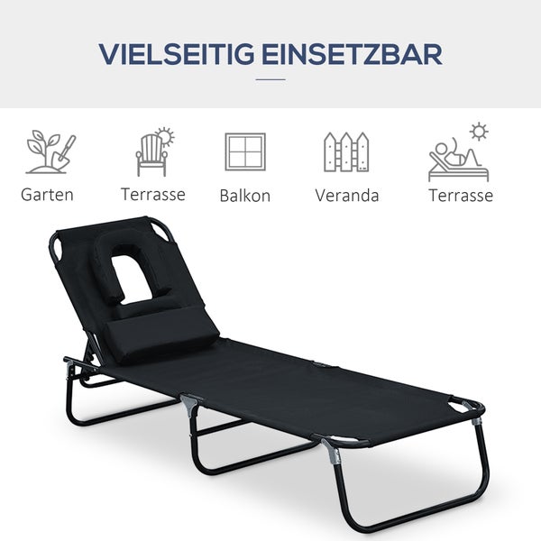 Vielseitig einsetzbare Sonnenliege mit Kopfkissen für Garten, Terrasse, Balkon oder Veranda.