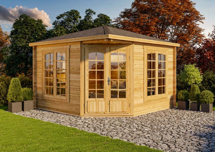 Alpholz 5-Eck Gartenhaus Josephine-40 B Gartenhaus aus Holz in natur, Holzhaus mit 40 mm Wandstärke, Blockbohlenhaus mit Montagematerial imprägniert 3,5x3,5m