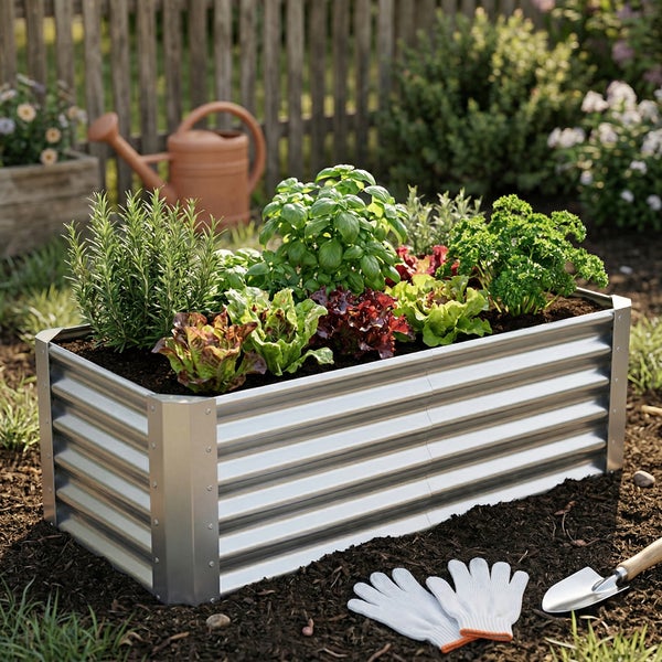 Rechteckiges Hochbeet aus verzinktem Wellblech, bepflanzt mit Kräutern und Salat, Gartenhandschuhe und eine Schaufel im Vordergrund.