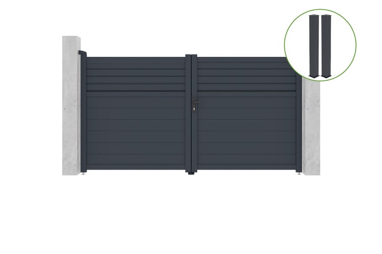 Flügeltor 3m CARPATIA H.160cm graues Aluminium + 2 Pfosten 20x20cm H.190cm