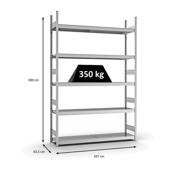 PROREGAL Weitspannregal Stecksystem T-Profil Grundregal HxBxT 300x200x40 cm 5 Ebenen Stahlplatten Fachboden Fachlast 350 kg Verzinkt