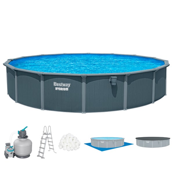 Bestway Hydrium Rundpool-Set mit Stahlwand, inklusive Sandfilteranlage, Filterbällen, Sicherheitsleiter, Bodenplane und Abdeckplane.