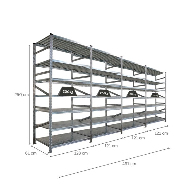 Metallregal mit mehreren Ebenen und einer Traglast von 200 Kilogramm pro Ebene