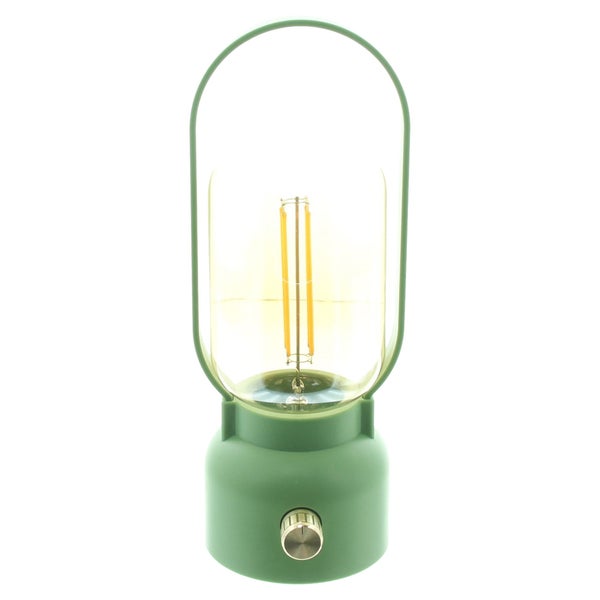 Grüne Tischleuchte aus Kunststoff mit Filament-Leuchtmittel, Tragegriff und Drehschalter.