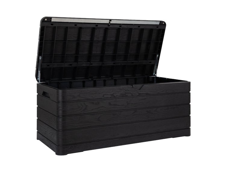 Geöffnete schwarze Gartenbox zur Aufbewahrung
