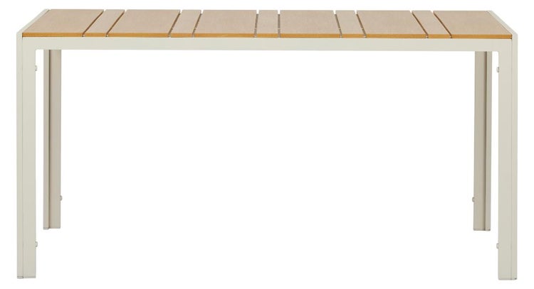 Rechteckiger Gartentisch mit Aluminiumgestell und einer Tischplatte aus hellen Holzlatten.