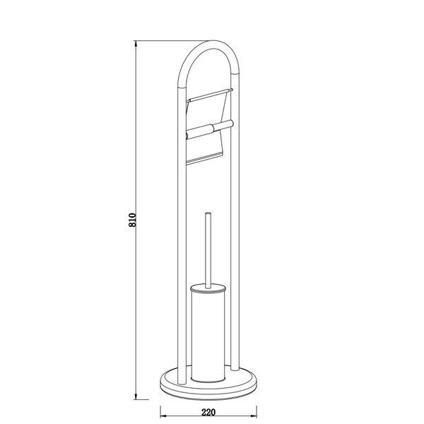 Maßzeichnung einer freistehenden WC-Garnitur mit Toilettenpapierhalter und Toilettenbürste, Höhe 810 Millimeter, Breite 220 Millimeter.