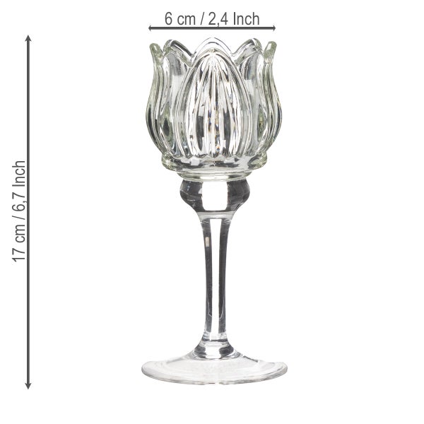 Kerzenständer aus Glas in Tulpenform auf hohem Stiel, Höhe 17 Zentimeter, Breite 6 Zentimeter.